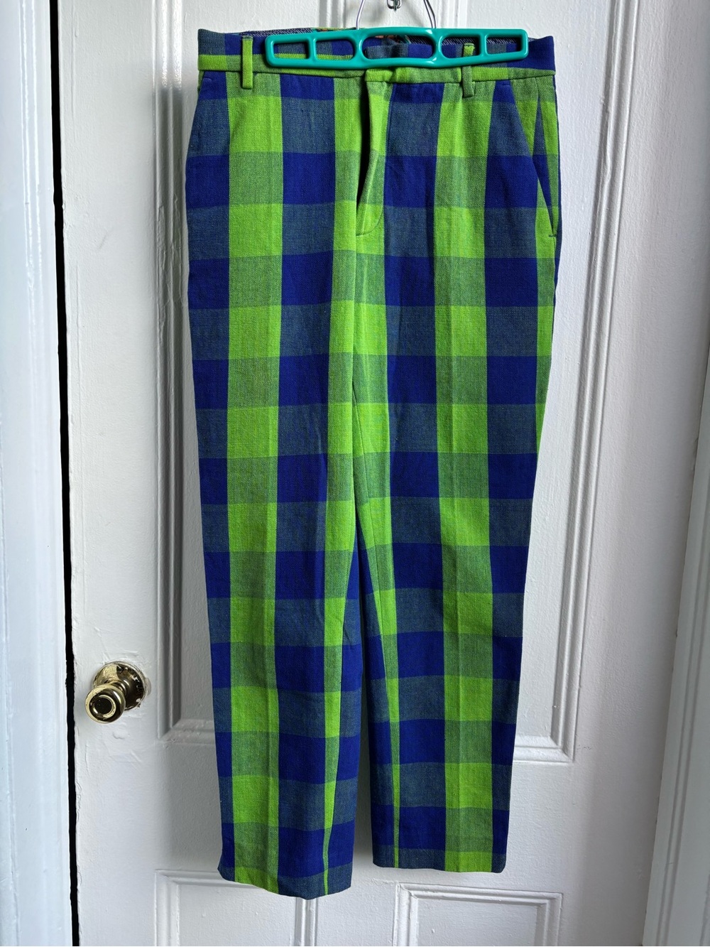 Stella Jean green and purple plaid cigarette pant size 6 100% cotton Italy